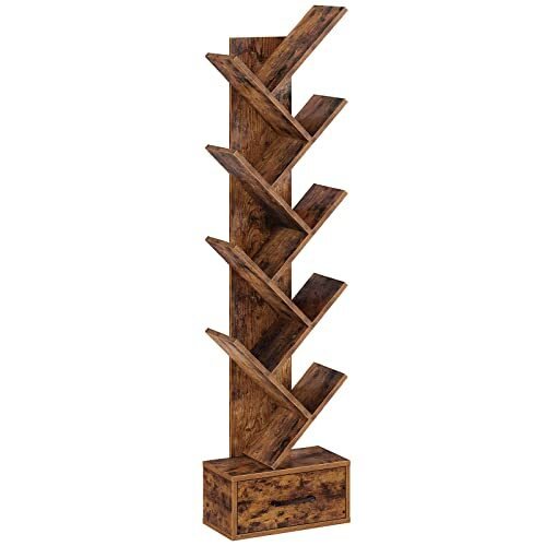 Rolanstar Estantería para árbol con cajón de madera, 8 estantes, estante alto de pie para libros