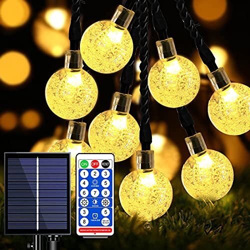 Cadena de luces solares impermeables para exteriores, 120 luces LED de globo de cristal de 56 pies
