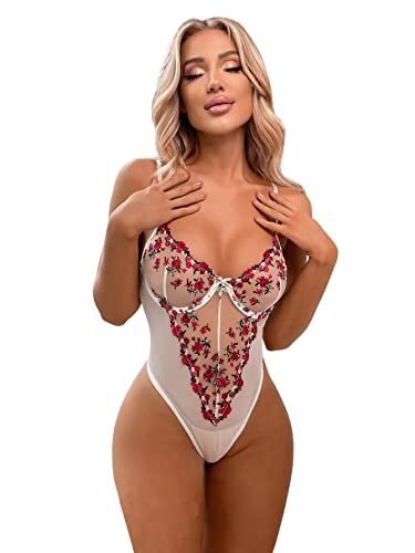 SOLY HUX Enterizo de malla bordada floral para mujer, Blanco