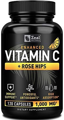 Vitamina C de 1000 mg con escaramujos (120 cápsulas | 1000 mg) Cápsulas de vitamina C puras